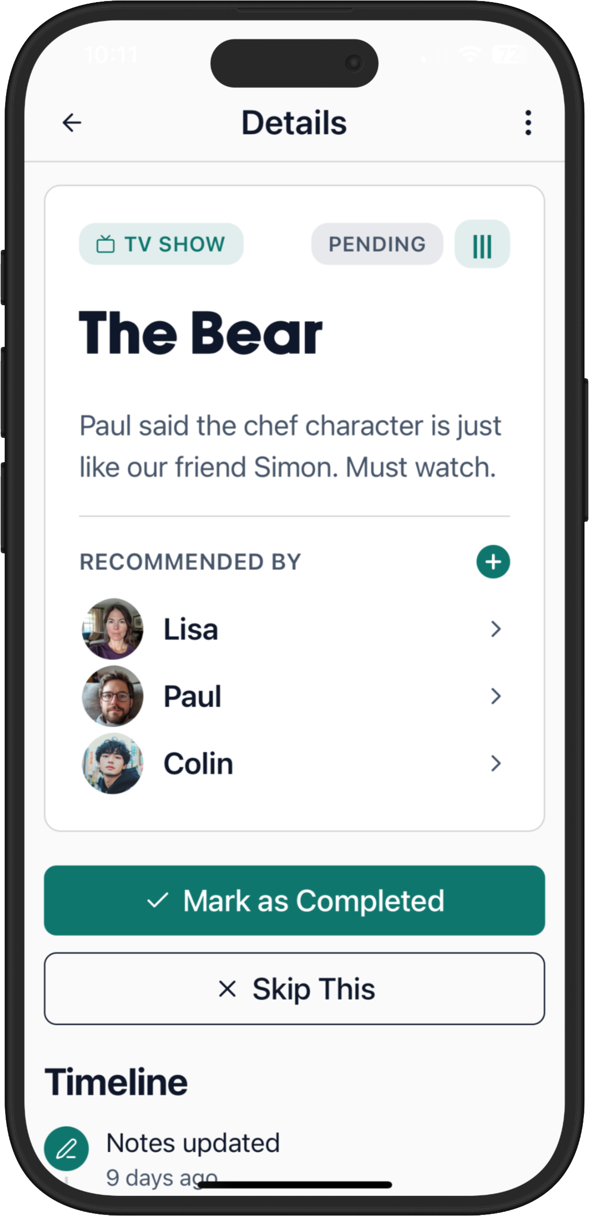 Told Me App - The Bear Details Screen